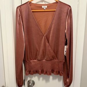 Q+A Los Angeles Rose Gold Pink Velvet Smocked Top Blouse long sleeve XL New
